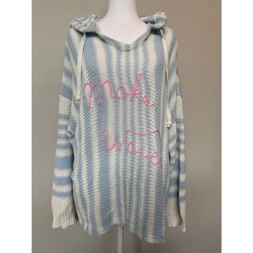 Vintage Havana Blue & White Striped Hooded Knit Sweater with Pink Script